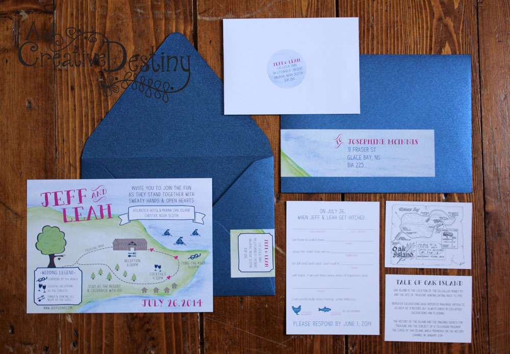 oak island water colour wedding invitations with  ad-libs rsvp cards by www.creativedestiny.ca