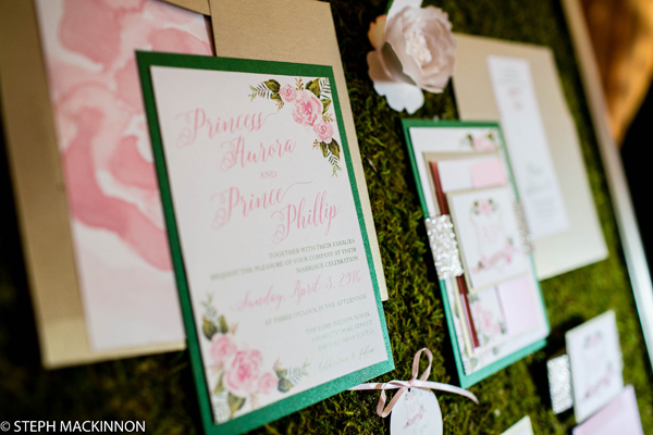bespoke event sleeping beauty enchanted forest wedding theme. Pink and green elegant wedding invitations, watercolour wedding stationery, nova scotia wedding invitations